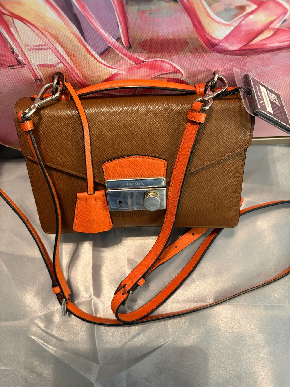 Prada Sound mini Brown Leather Crossbody with Orange Trim